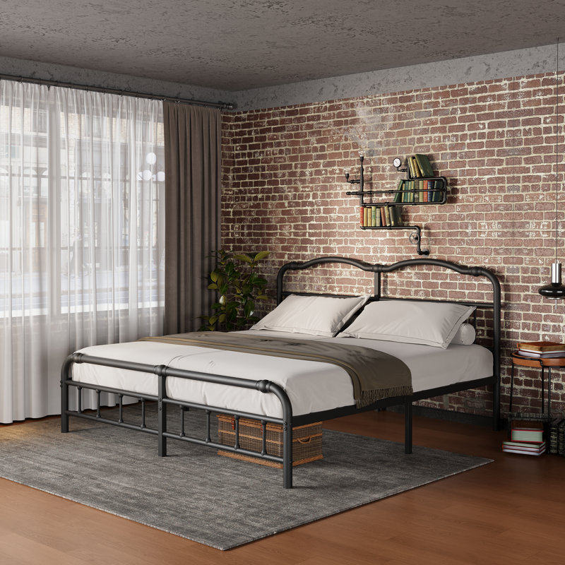 Très grande base de lit en métal noir de style industriel de 14 po avec tête et pied de lit, sans sommier, Très grand