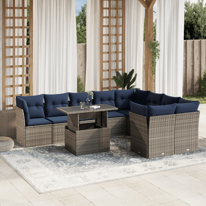 Ensemble de canapé de patio 10 pièces avec coussins en rotin de polyester, Gris, Marine