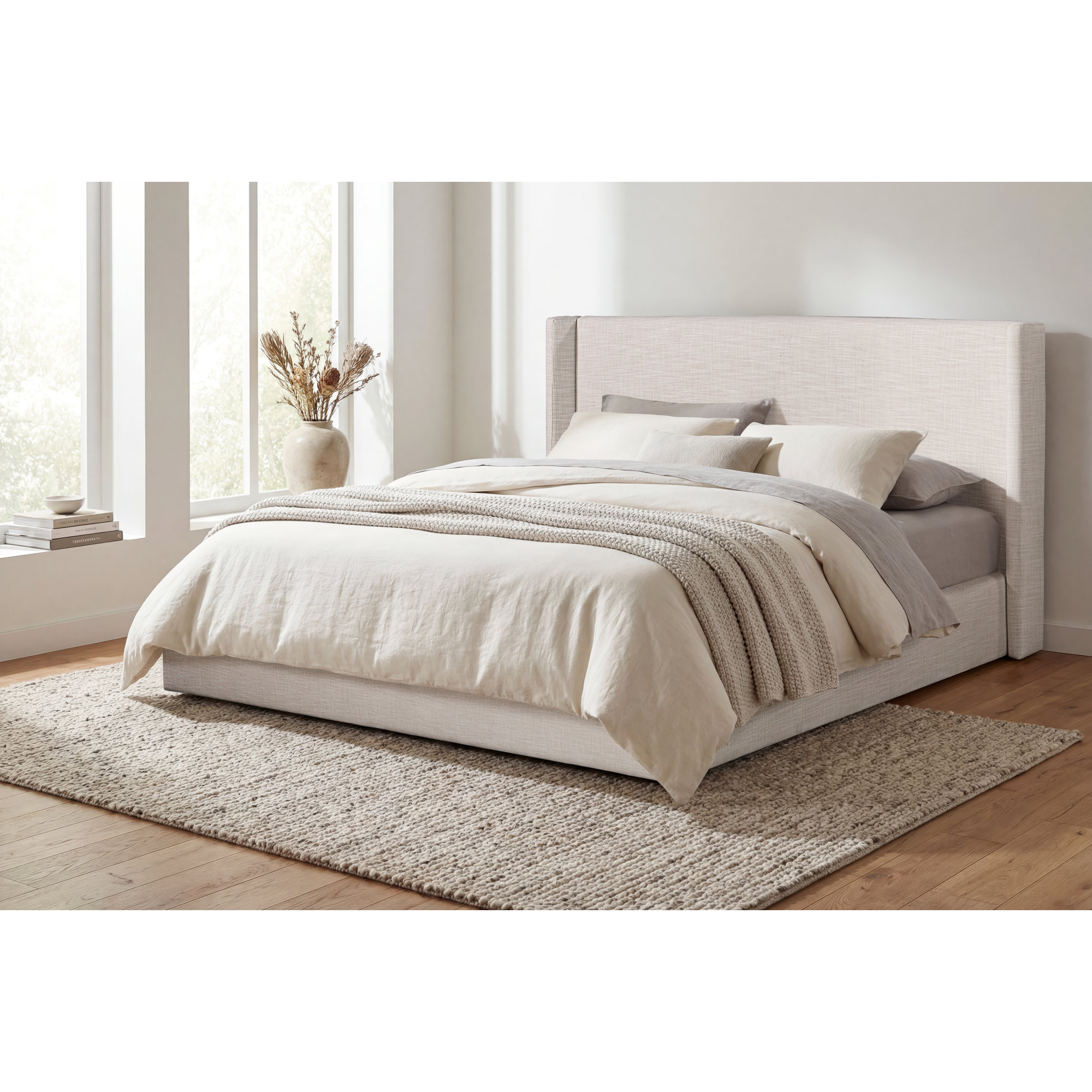 Nordic Upholstered Wingback Bed, White Linen, King