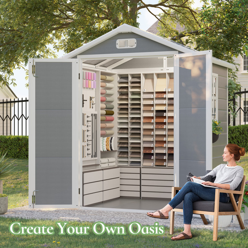 Resin Storage Shed with Floor, Tool Shed Outdoor Storage with Vents, Window, and Stainless Steel Cores, for Lawnmowers/ Bicycles/ Pool Supplies
