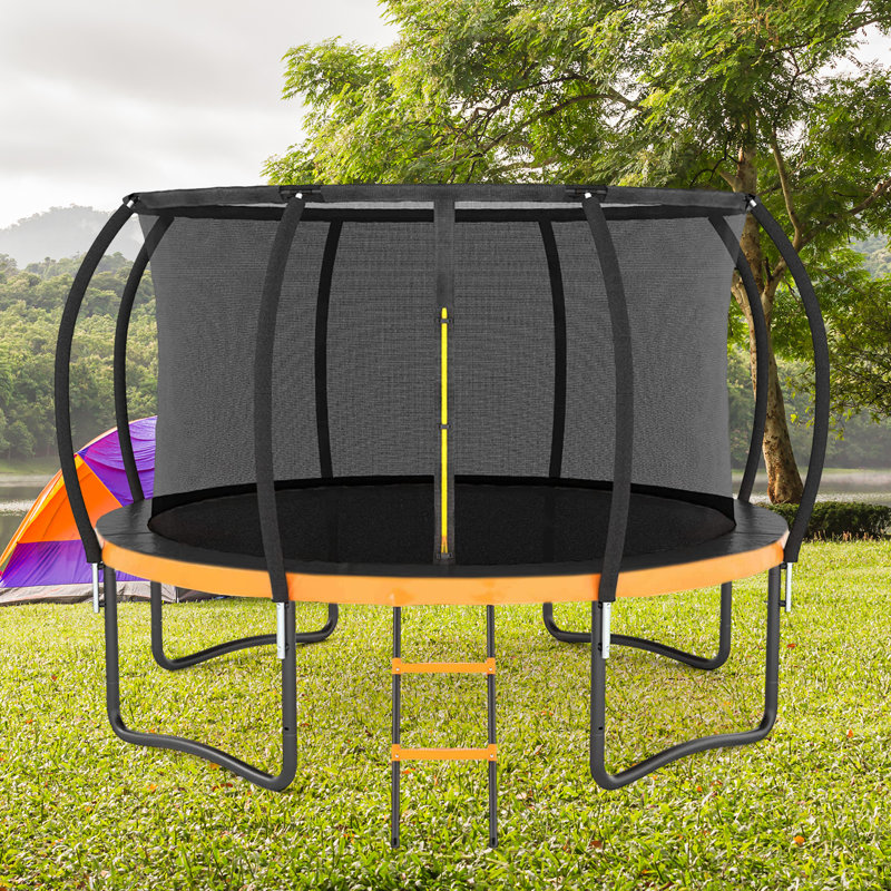 Trampoline d'extérieur 12 pi avec filet de sécurité intérieur, échelle et rembourrage en PVC (noir / orange), Orange, Orange