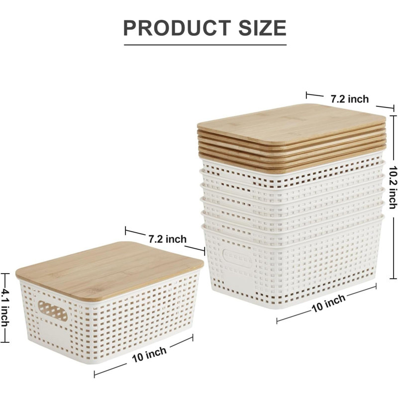 Bacs de rangement en plastique avec couvercles en bambou