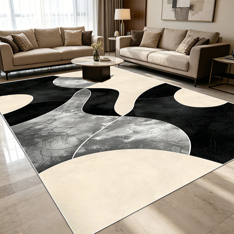 1PC Abstract Wavy Black Grey Beige Geometric area rugs for Living Room, Soft and Comfortable, Suitable for all seasons, easy-to-maintain, machine washable Indoor floor mat, Under Table Farmhouse suitable for dining room, bedroom, entryway, home