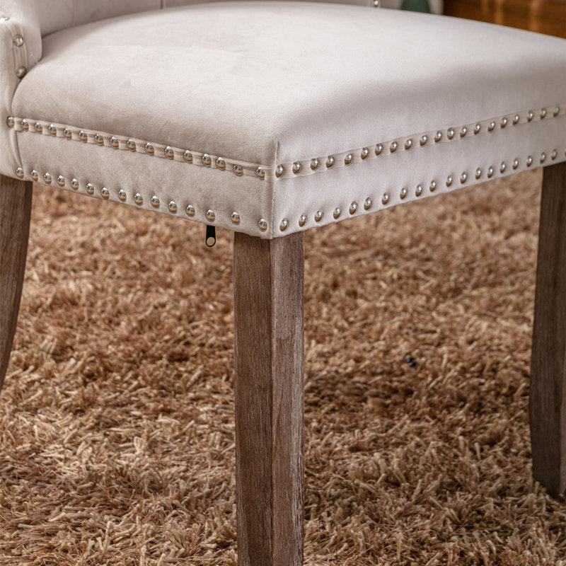 Allena Tufted Chairs Upholstered Chairs with Solid Wood Frame Nailhead Back and Ring Pull Trim , Velvet Beige, 2