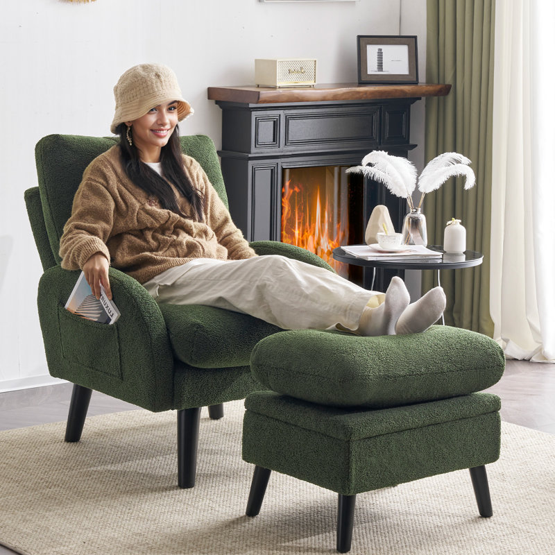 Elandra Upholstered Accent Chair and Ottoman, with 5 Level Adjustable Backrest, Green Teddy Fleece