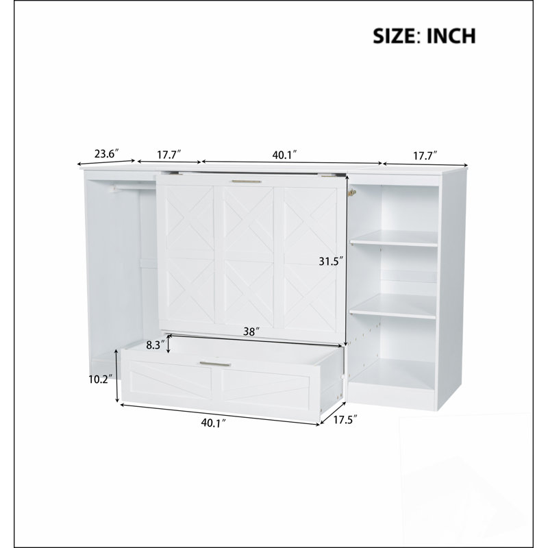 Lit escamotable simple avec tablettes de chevet et garde-robe, blanc