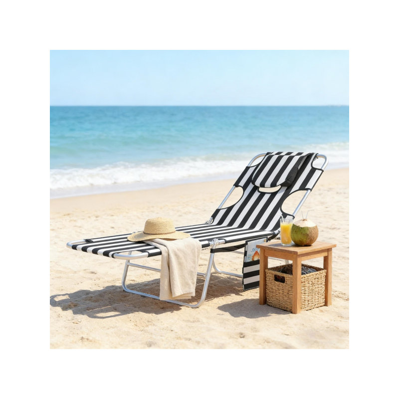 Black Stripe Silver Folding Tanning Lounge Chair, 72.8"x21.7"x11.4", Face Cavity, 5-Position Backrest, 264 lbs Capacity