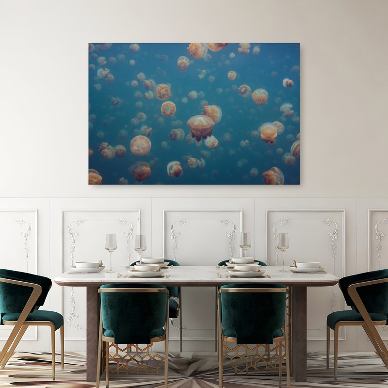 Golden Jellyfish Swarm Ethereal Serene Tranquil Jellyfish Nature Ocean Wall Art Print by Piron Xavier - Wrapped Canvas Print