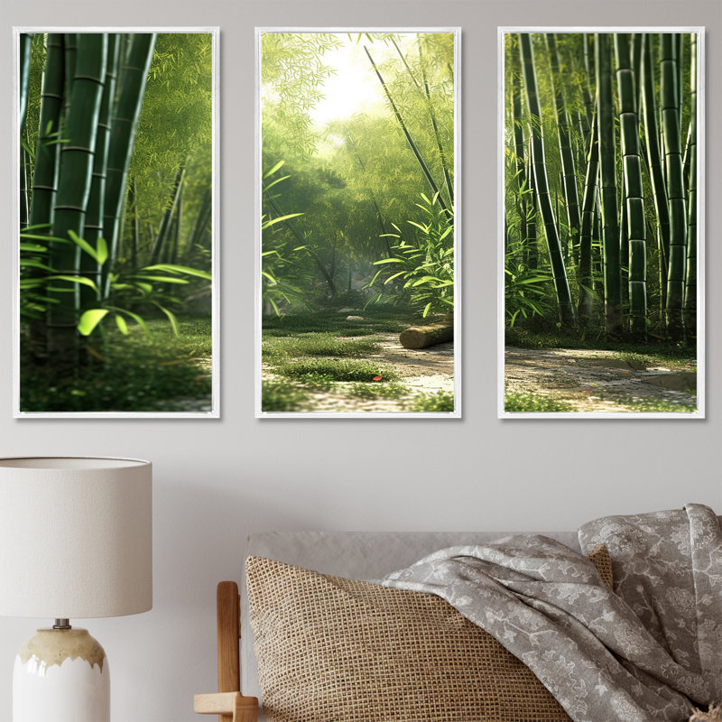 Ensemble de décoration murale dynamique en bambou Grove I, Cadre flottant blanc, H 32 po x l 48 po x P 1 po