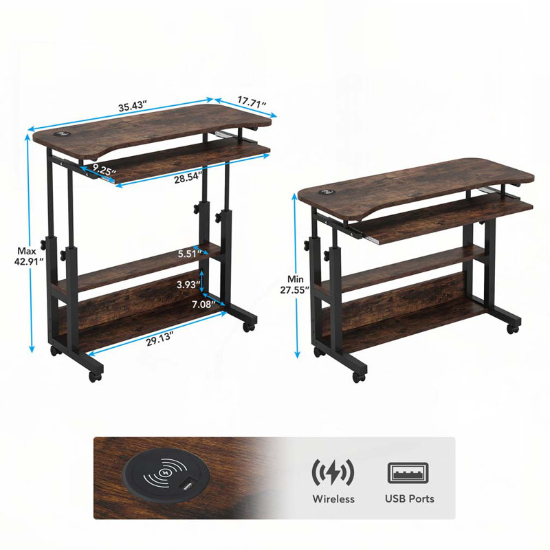 32 Inches Portable Desk with Power Outlets, Height Adjustable Side Table Sofa Couch Bedside Laptop Computer Cart with USB Charging Ports, Mobile Small Standing Desk with Keyboard Tray, Rustic Brown.
