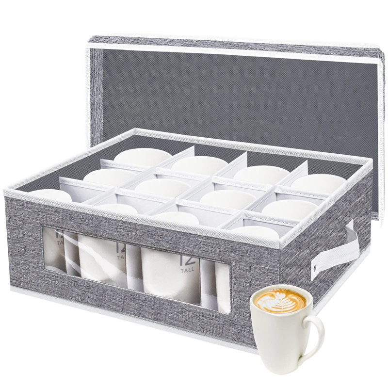 Boîte de rangement pour tasses, organisateur de contenants de rangement en porcelaine avec séparateurs pour 12 tasses à café, tasse à thé, transport et emballage (gris)
