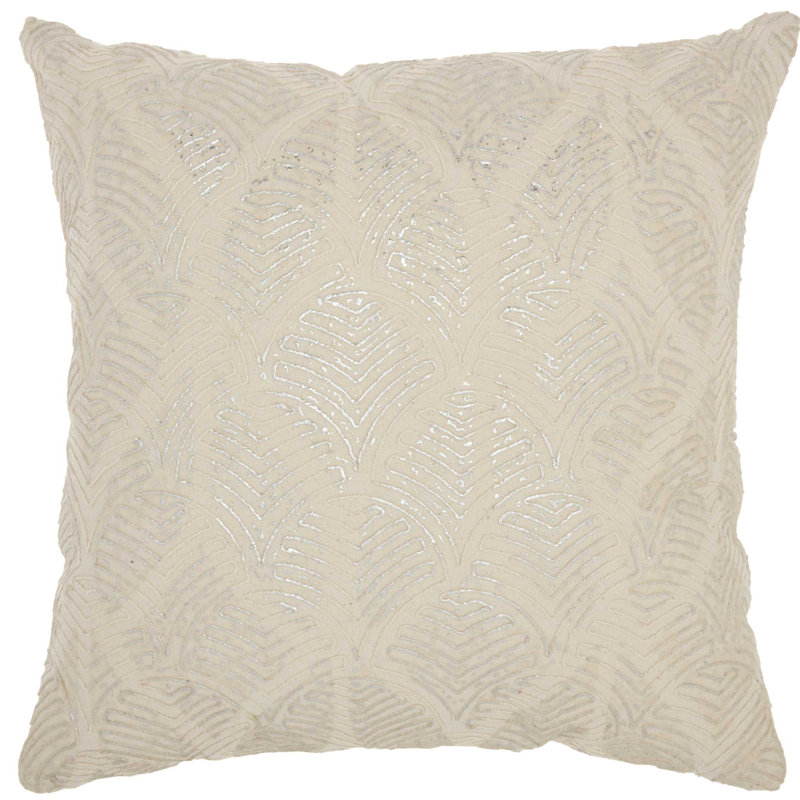 Ivory and Silver Embroidered Cotton Square Throw Pillow