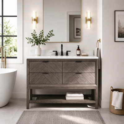  48" Freestanding Single Sink Solid Wood Gray Oak Bathroom Vanity with Engineered Marble Top
