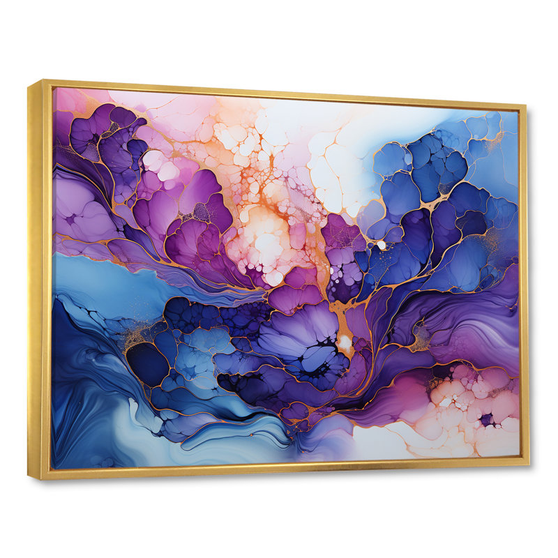«Rose et bleu Alco», impression sur toile, Cadre flottant doré, H 30 po x l 40 po x P 1,5 po