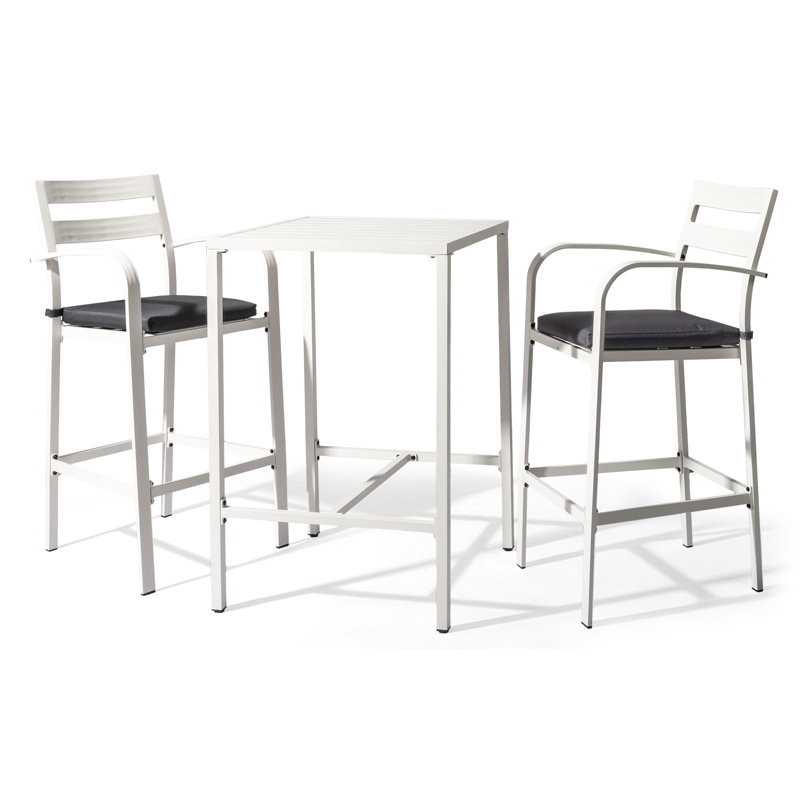 Ensemble de table de bar d'extérieur blanc de 27 pouces avec 2 tabourets rembourrés gris, Blanc
