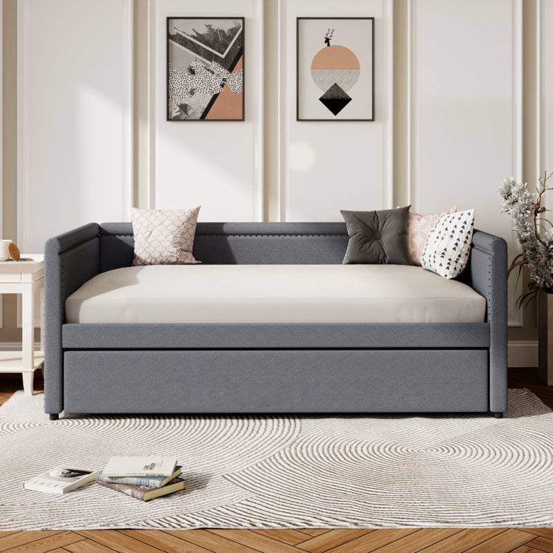 Lit de jour rembourré de style moderne avec lit gigogne pour chambre d'amis, petite chambre, salle d'étude, gris