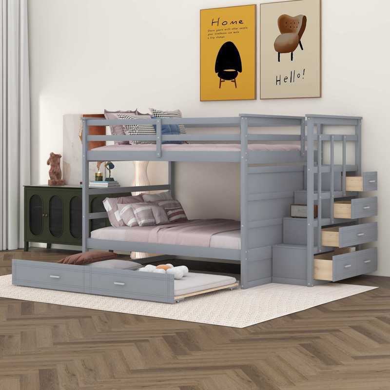 Henig Kids Full Over Full Bunk Bed with Trundle with Drawers, Gray