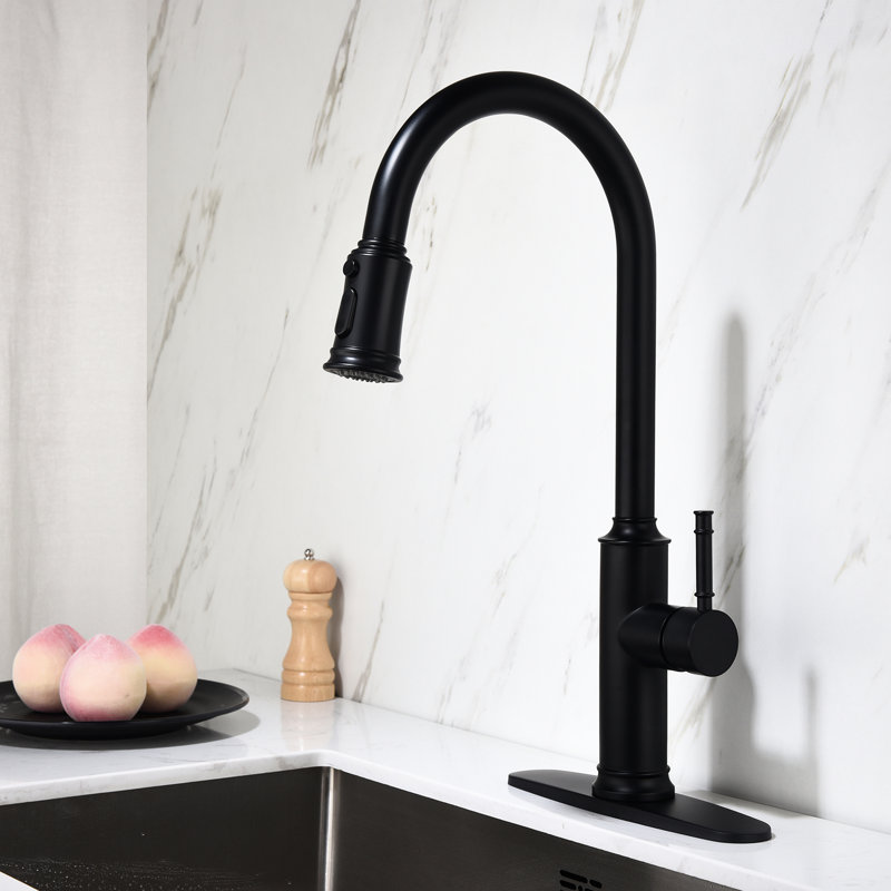 Robinet de cuisine escamotable en acier inoxydable noir mat avec buse haute rotative à 360 °, levier unique pour la gestion de l'eau, finition rouille, bulles d'aérateur et éclaboussures réduites, rotation de la buse,