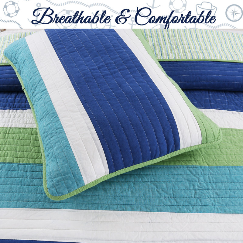 Waylon Blue and Green Cotton Twin Reversible Quilt Set