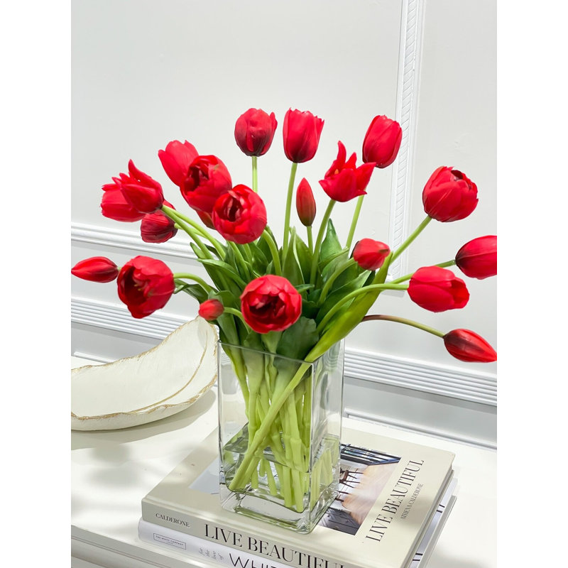Premium Real Touch Peonies Tulip in Glass Vase Arrangement French Country Flowers Decor Style, Red