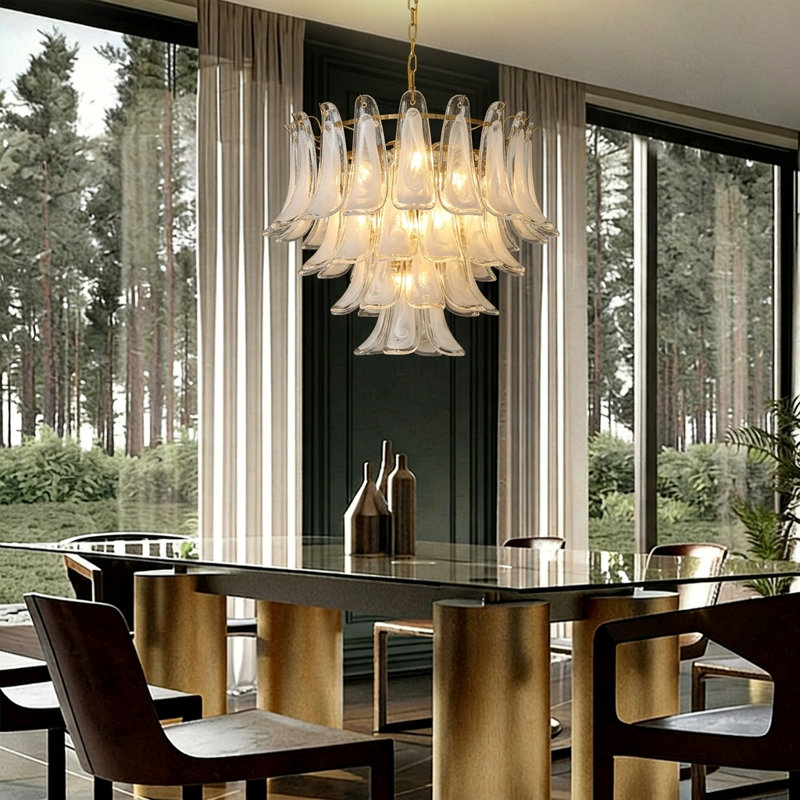 Luminaire suspendu en verre ambré Artisanal - élégance Mid-Century rétro avec détails dorés, Blanc, 4 niveaux