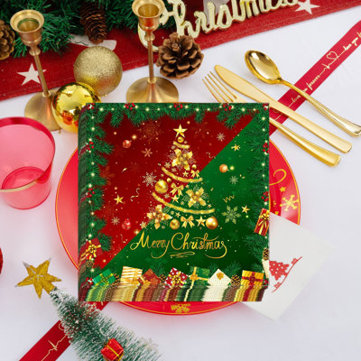 Christmas Decorations Red Green and Gold Christmas Party Tableware Disposable 7-inch 9-inch Paper Plates Paper Cups Tissue Set Of  Party-Themed Paper Plates Set