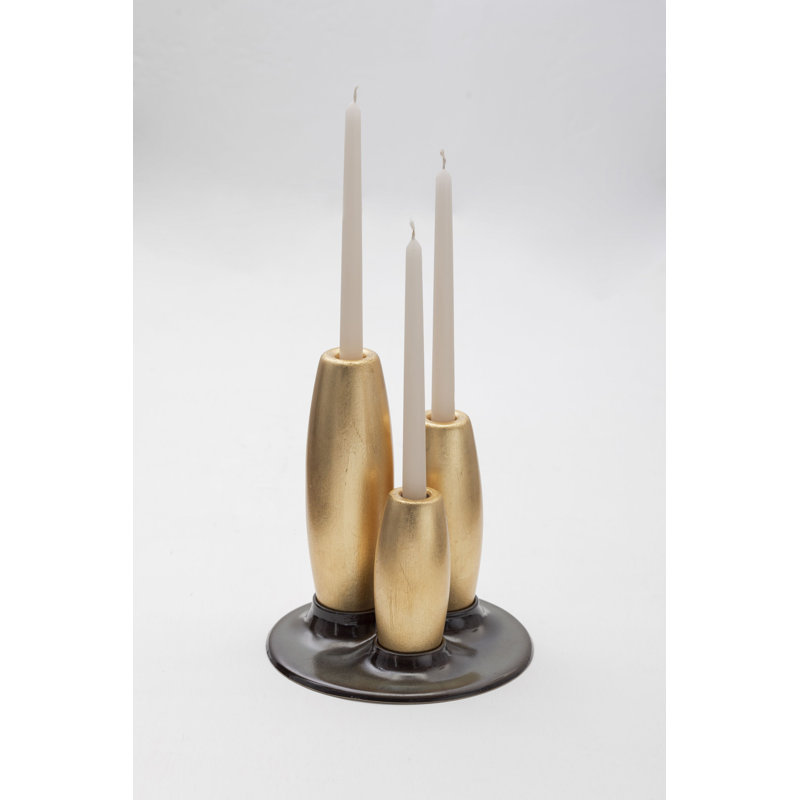 Salar Decorative Ceramic Candleholder With Gold Leaf Solid Wood Plynths By Andean, In Stock, Gold/Black