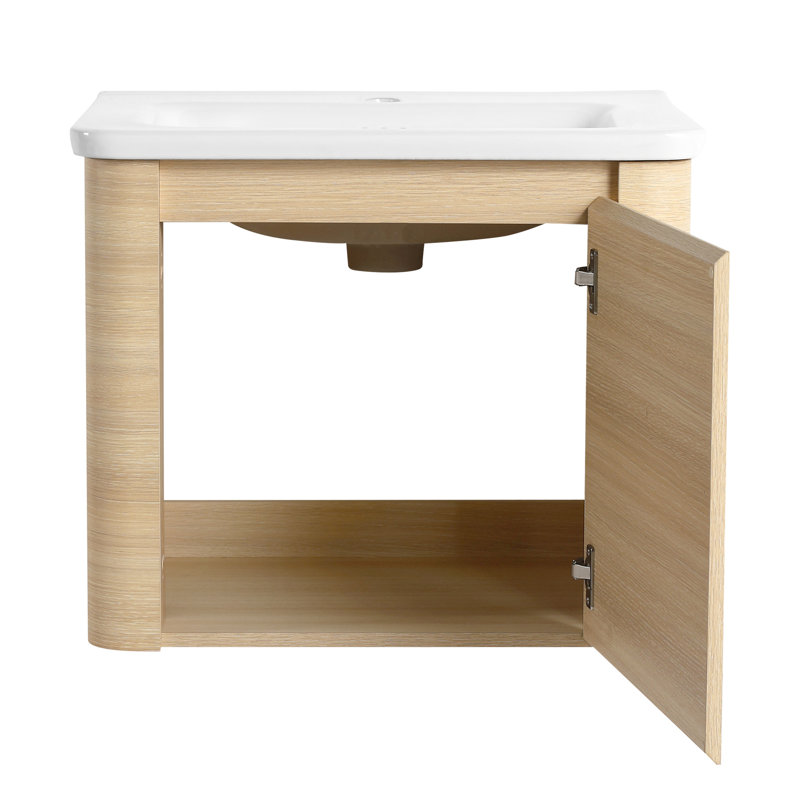 Meuble-lavabo de 24 po avec lavabo en céramique blanche, porte simple à fermeture en douceur, garniture en kd, contreplaqué, chêne américain - Design contemporain, salle de bain paisible, fonctionnement en douceur, meuble-lavabo avec rangement, silen