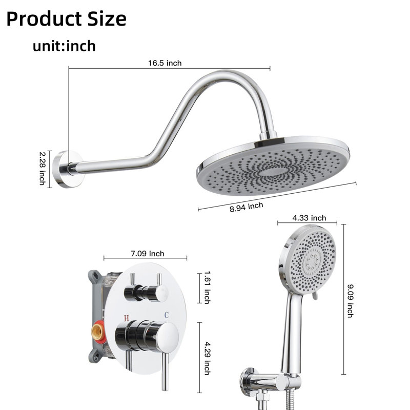 Silver Round Single-Handle Three-Spray Shower Head With Round High-Pressure Shower Faucet (Including Valve), Silver