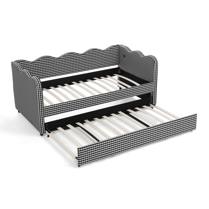 Twin Daybed with Trundle & USB Port - Wave Shaped Gingham No Box Spring Needed, Black