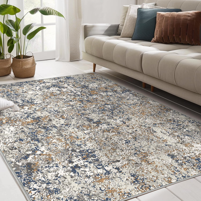 8x10 Area Rug, Machine Washable, Abstract Design, Low-Pile, Non-Slip,Mix Gold