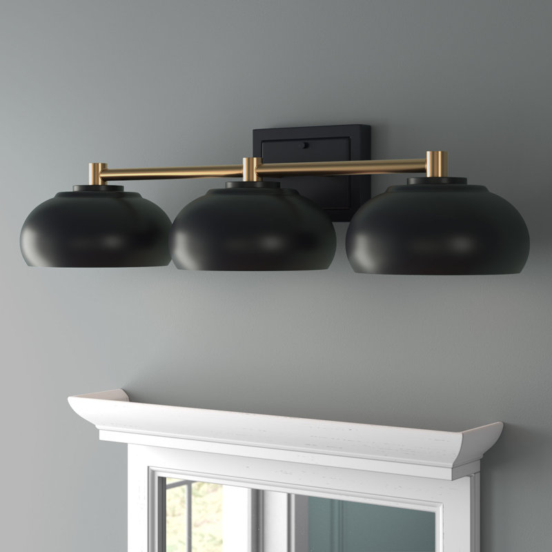 Mid Century Modern Dome Bathroom Vanity Fixture, 3 Lights, Matte Black/Satin Brass