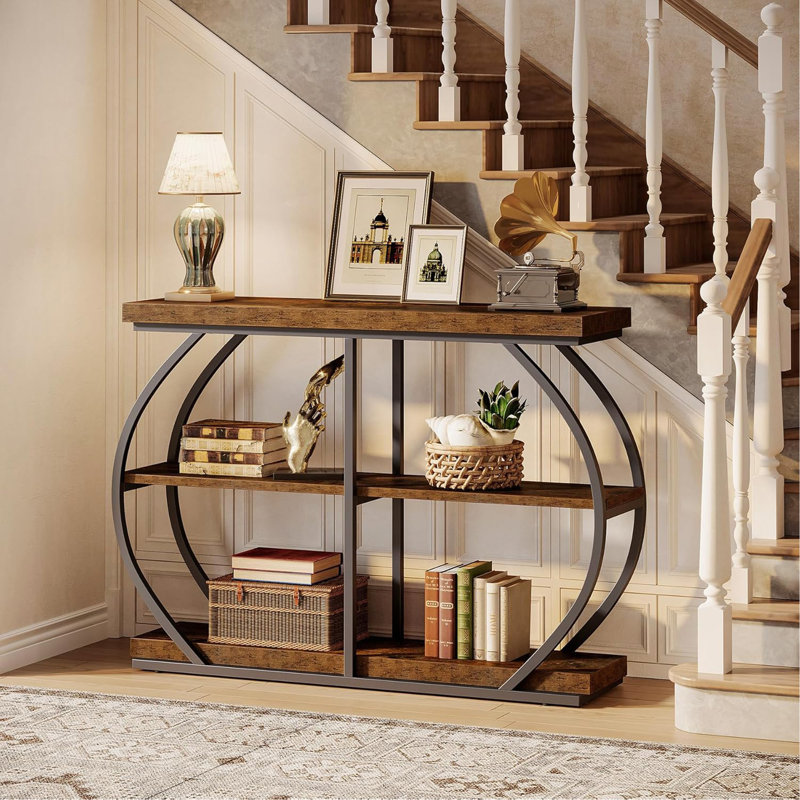 41.3" Industrial Console Table, 3-Tier Entryway Table with Arched Metal Frame, Rustic Brown Narrow Sofa Accent Table with Storage for Living Room, Hallway