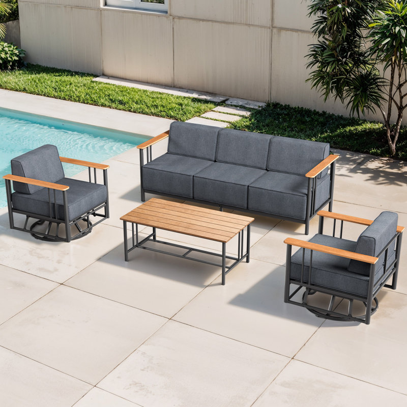 Ensemble de patio 4 pièces en osier avec canapé, 2 chaises berçantes pivotantes et table basse, Gris, Noir