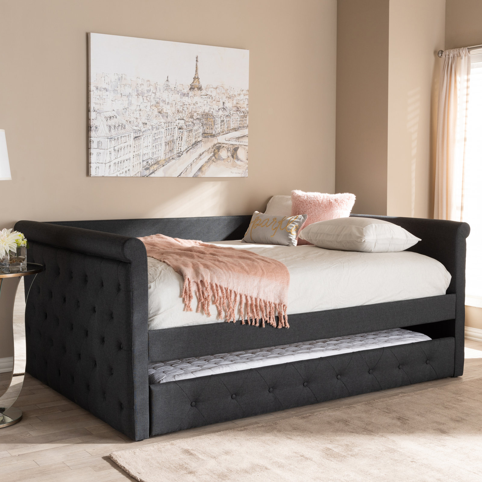 Samitha Upholstered Daybed with Trundle, Full, Dark Gray