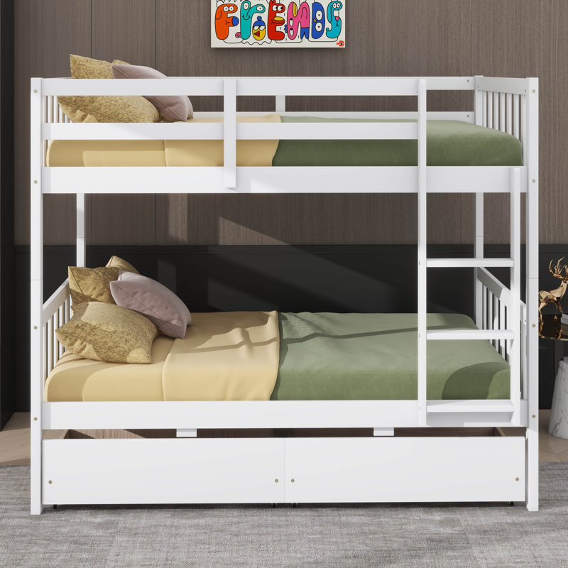 Lit superposé simple au-dessus de simple avec 2 tiroirs Design convertible polyvalent, Blanc