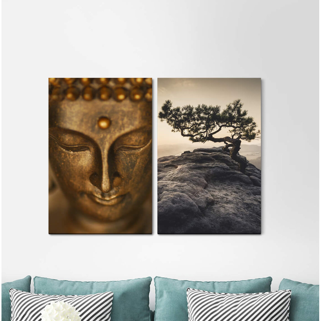 2-tlg. Leinwandbilder-Set - Fotografie „Buddha Head Elbsandsteingebirges Pine Germany Meditation Silence”