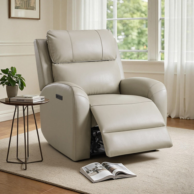 zero clearance recliner  Leather Power Recliner with Adjustable Power Headrest, Grey
