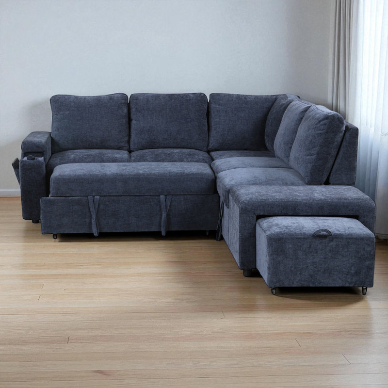 Canapé-lit modulaire en L rembourré avec ports USB, repose-pieds et rangement, Polyester bleu