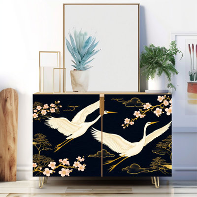 Narrow 35.4'' Wide Sideboard Buffet Cabinet - 2-Door Accent Storage Cabinet With Japanese seamless crane birds elements Asian Print And Metal Legs