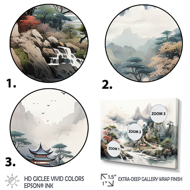 «Gray River China Landscape II», art mural Chine, Cadre doré à coins fermés, H 34 po x l 44 po x P 1,5 po