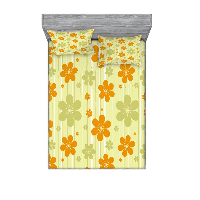 Microfiber Floral Sheet Set, Queen Sheet Set with Fitted Sheet, Big Little Flourishing Graphic Flowers Floral