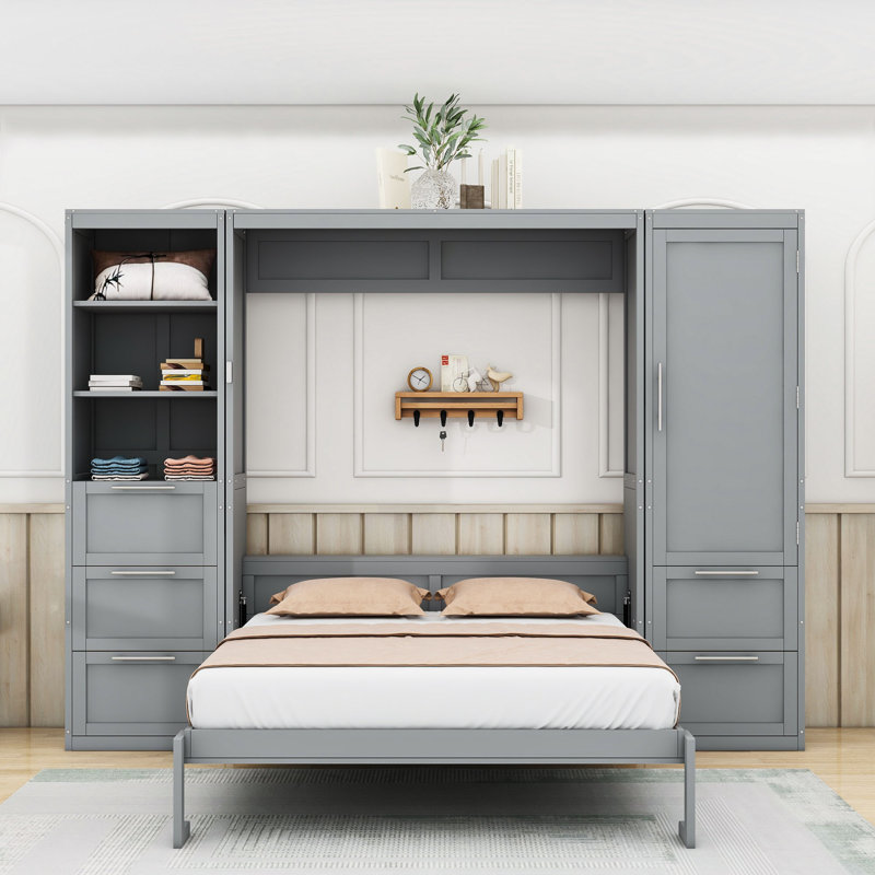 Grand lit escamotable avec rangement intégré et configuration personnalisable, Gris