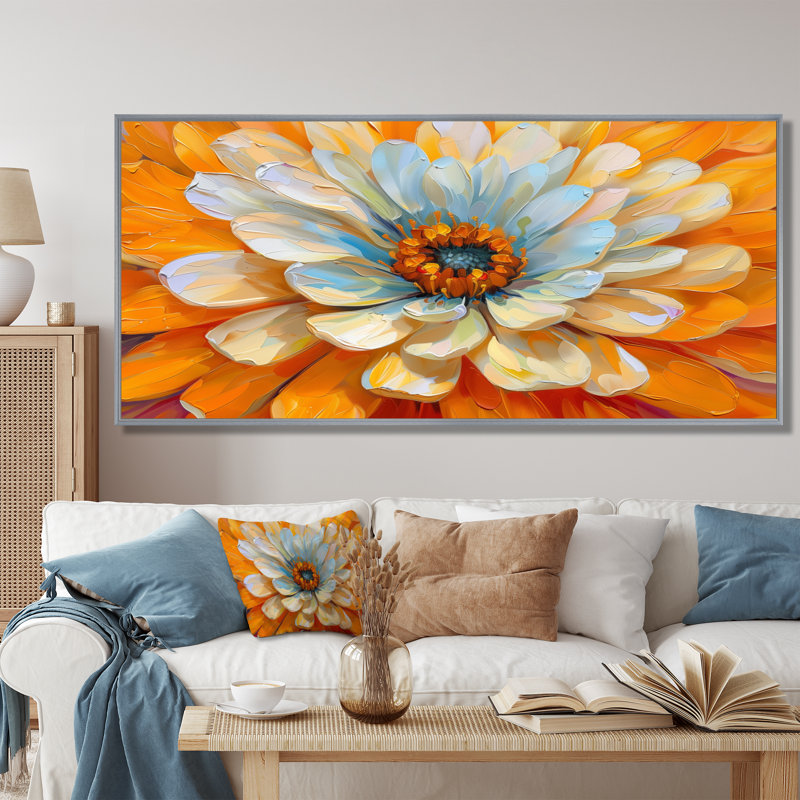 Blanc, pissenlit, orange, rayonnant, fleur, pissenlit, art mural, salon, Encadrement argenté, H 28 po x l 60 po