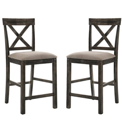 De 2 chaises de salle à manger sans accoudoirs, siège rembourré en lin, brun clair et gris patiné, siège d'une hauteur de 26 pouces, forme en X, pieds carrés