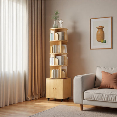 Bibliothèque rotative, bibliothèque d'angle à 5 niveaux à 360 degrés pour les petits espaces, support de rangement pour bibliothèque au sol, rangement étroit en bois pour la chambre à coucher et le salon