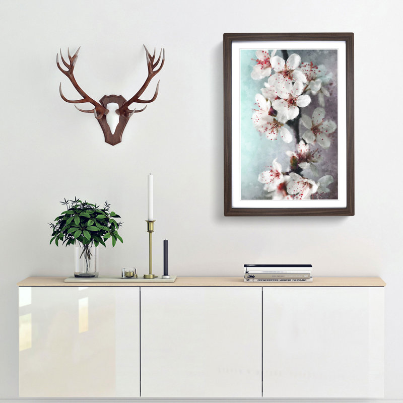 White Blossoms - Picture Frame Painting Print, 33cm H x 24cm W x 2cm D, Walnut Framed