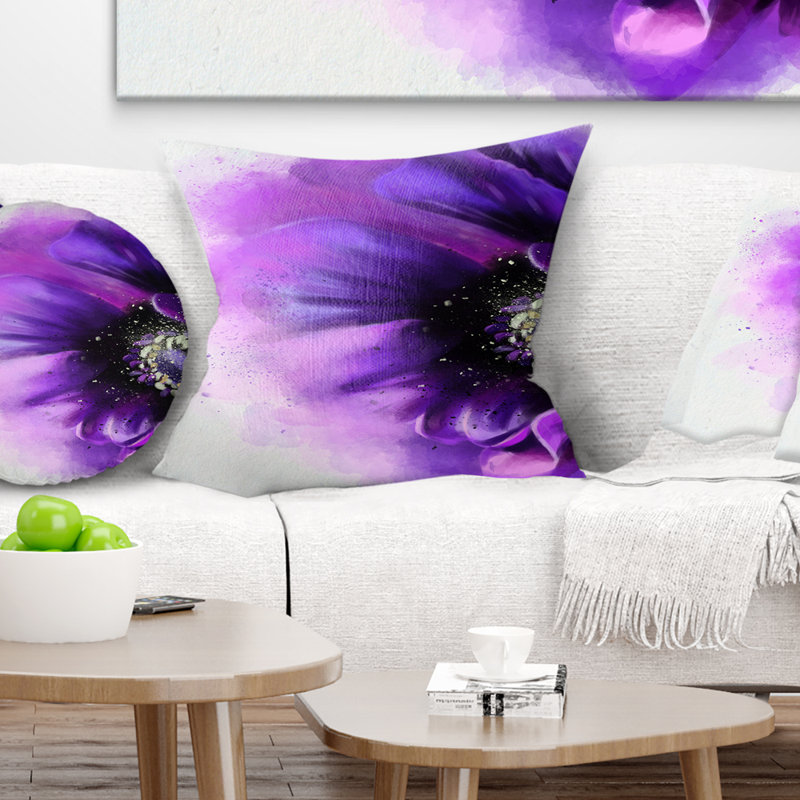 Coquelicot aquarelle stylisé mauve - coussin à imprimé floral, 18 po x 18 po, Coussin décoratif