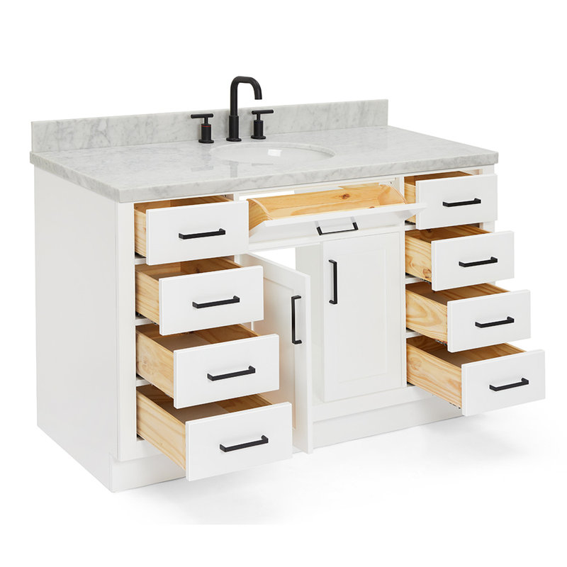 Thornaby 54'' Solid Wood Single Bathroom Vanity with 1.5'' Carrara Marble Top Sink, White / Matte Black, Oval