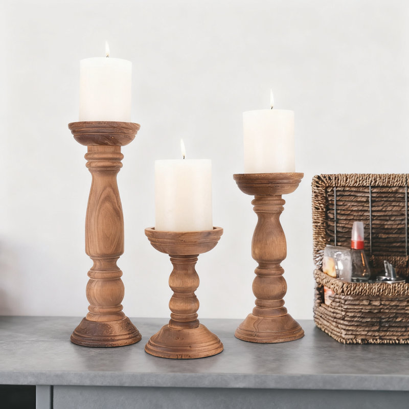 Farmhouse Wooden Candle Holders Set Of 3, Rustic Table Centerpiece Decor For Pillar And Flameless Candles, Vintage Tall Candle Stand